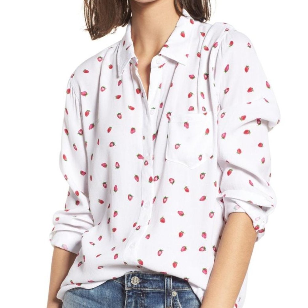 Rails White Button-Up Blouse with Pink Strawberry Print